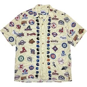 Vintage Reyn Spooner MLB All Teams Mashup Hawaiian Shirt Cream Large Spun Rayon